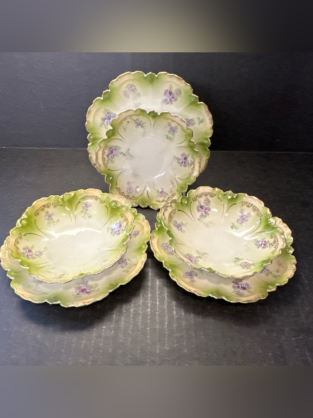Vintage RS Germany 3 Berry Bowls + 3 Dessert Plates Purple Violets Flea Bites